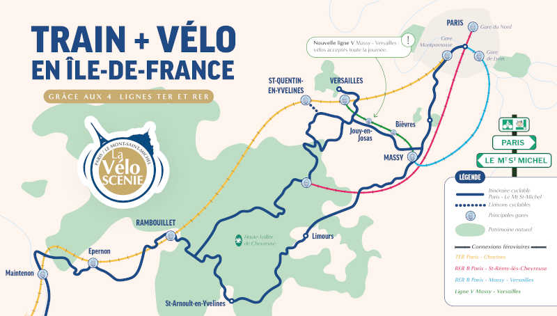 Train stations map for Île-de-France: showing RER and Transiliens suburban rail access to the Veloscenic cycle route from Paris